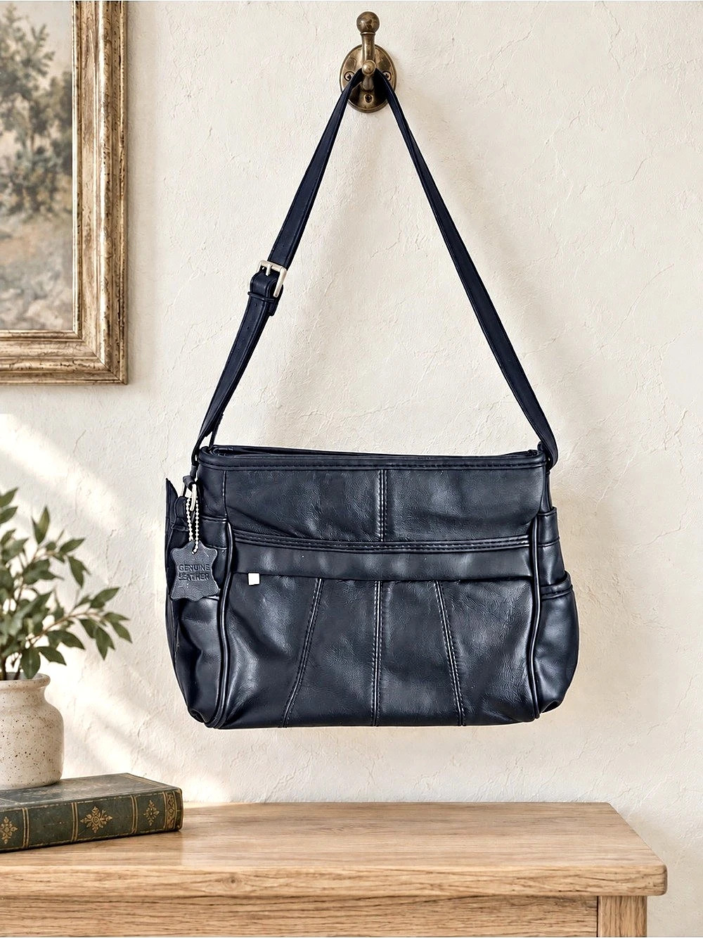 Vintage Genuine Leather Navy Blue Shoulder Bag Purse